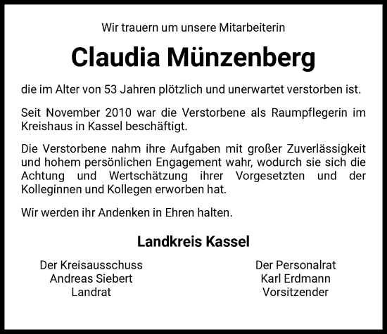 Traueranzeige von Claudia Münzenberg von HNA