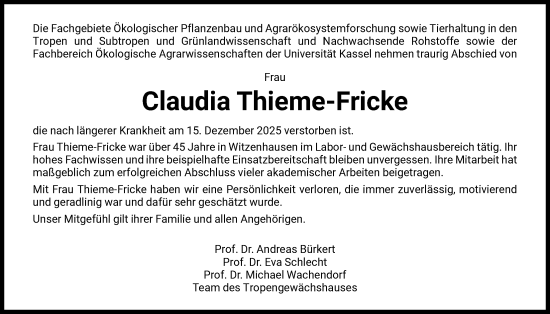 Traueranzeige von Claudia Thieme-Fricke von HNA