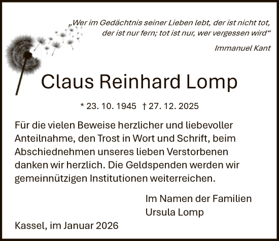 Traueranzeige von Claus Reinhard Lomp von HNA