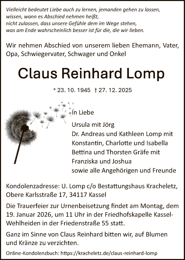  Traueranzeige für Claus Reinhard Lomp vom 10.01.2026 aus HNAHNA