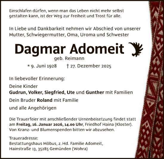 Traueranzeige von Dagmar Adomeit von HNA