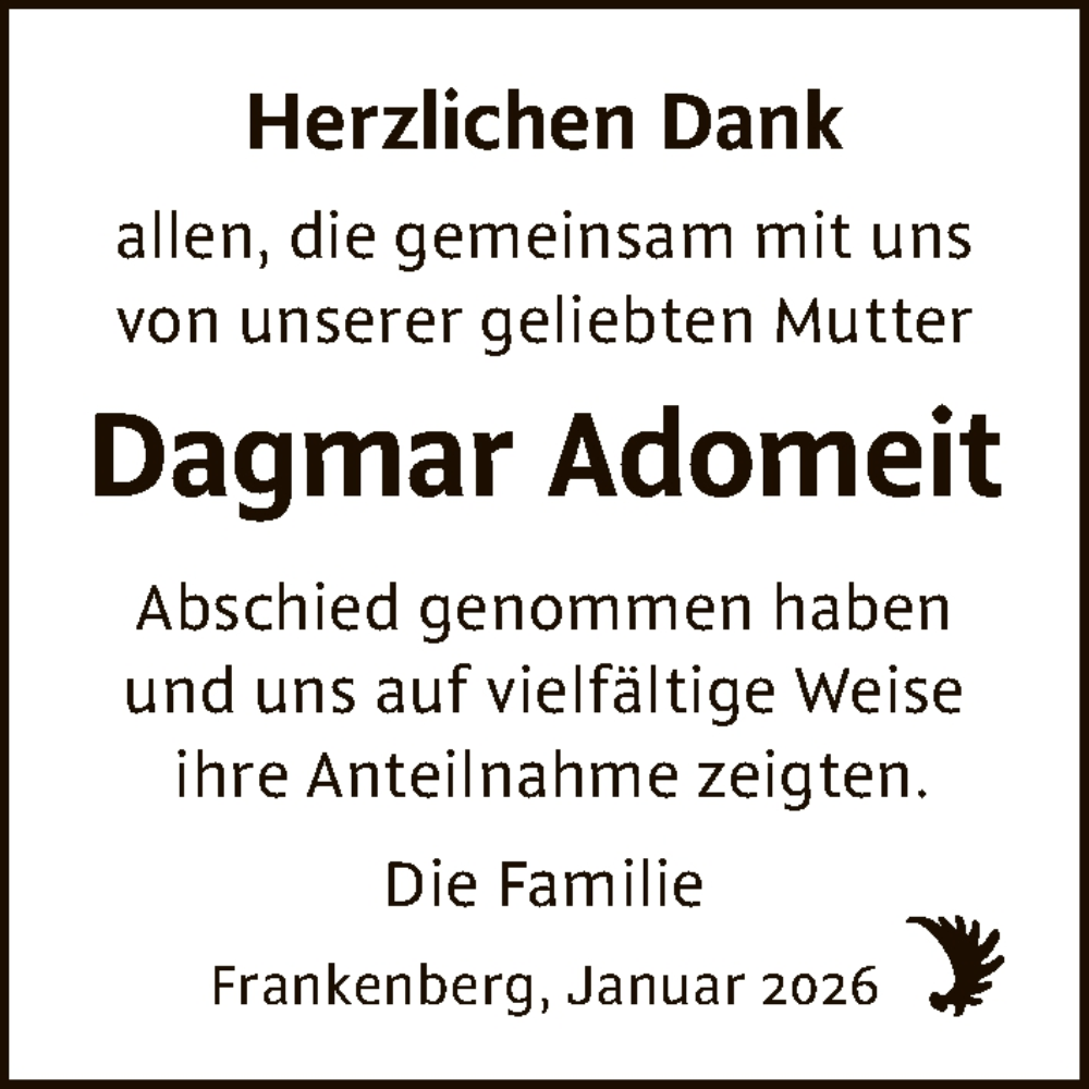  Traueranzeige für Dagmar Adomeit vom 24.01.2026 aus HNA