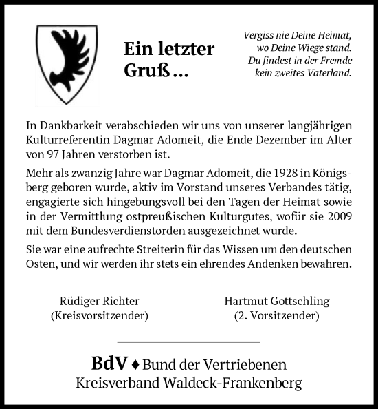 Traueranzeige von Dagmar Adomeit von HNA
