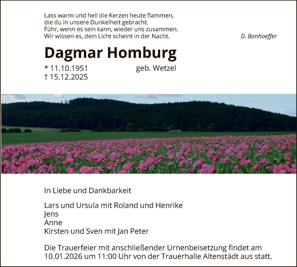 Traueranzeige für Dagmar Homburg vom 03.01.2026 aus HNA