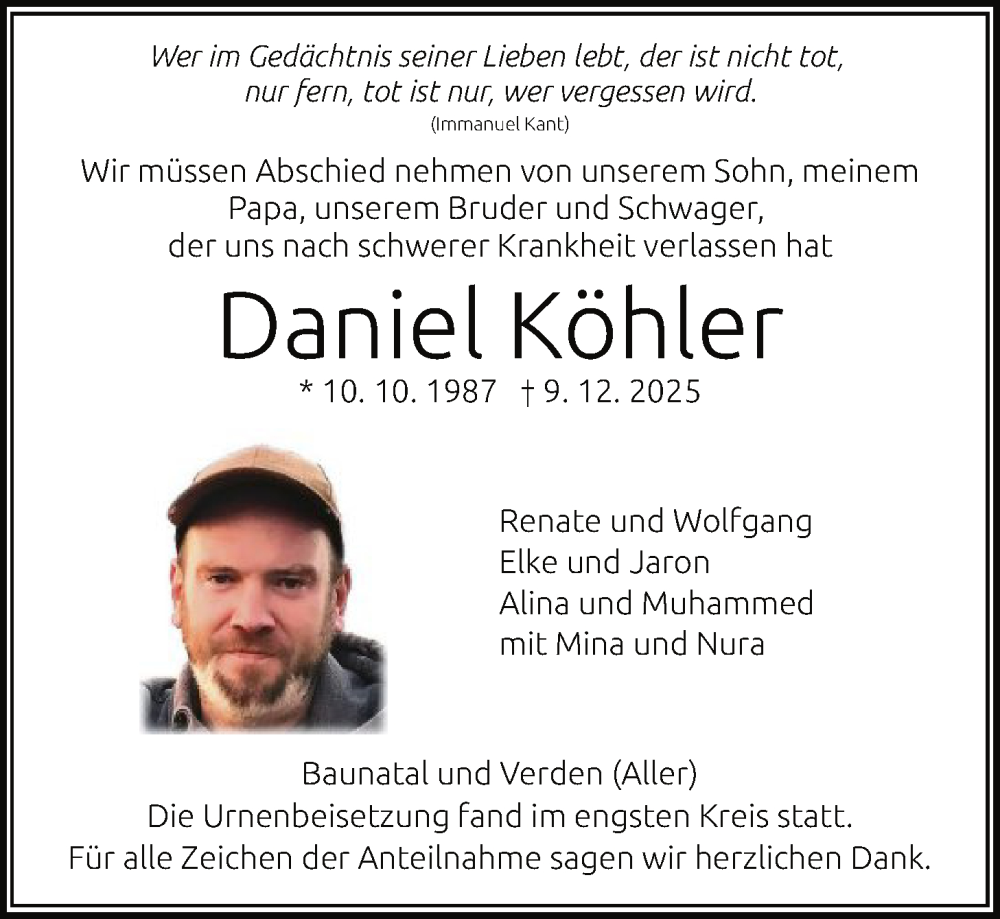 Traueranzeige für Daniel Köhler vom 17.01.2026 aus HNA