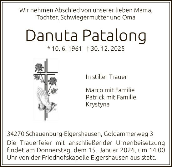 Traueranzeige von Danuta Patalong von HNA