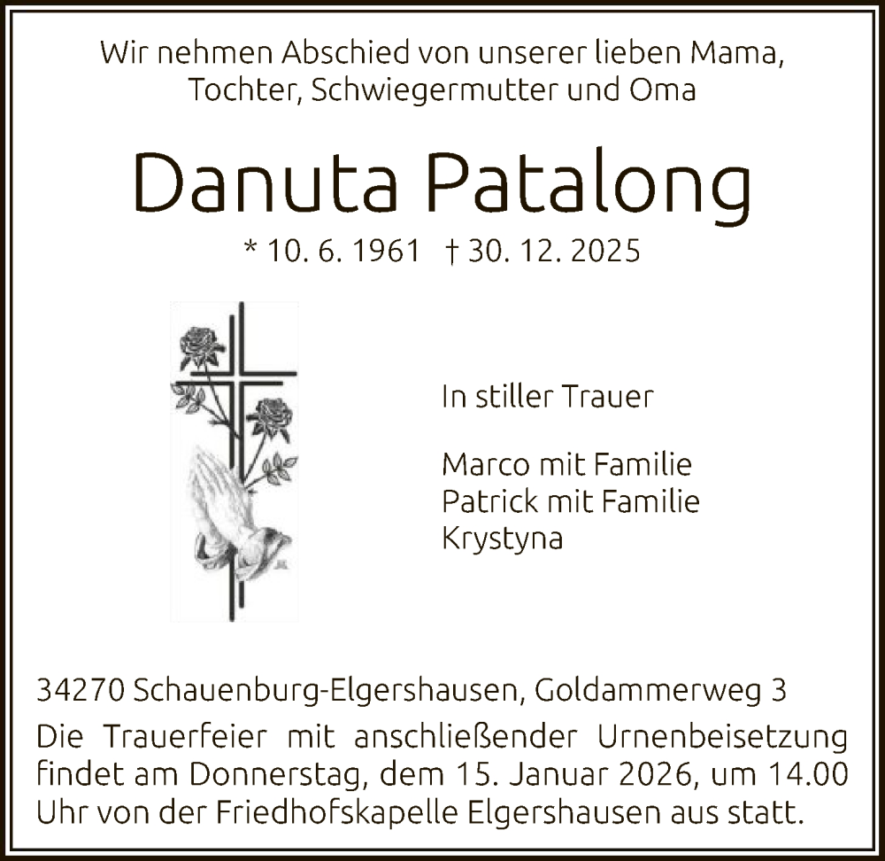  Traueranzeige für Danuta Patalong vom 10.01.2026 aus HNA