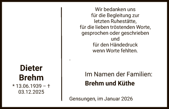 Traueranzeige von Dieter Brehm von HNA