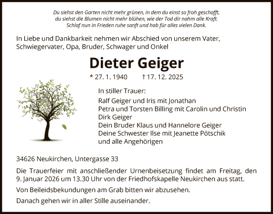 Traueranzeige von Dieter Geiger von HNA