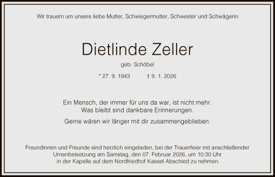 Traueranzeige von Dietlinde Zeller von HNA