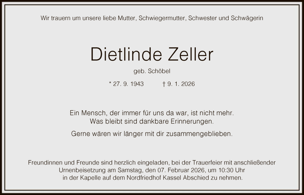  Traueranzeige für Dietlinde Zeller vom 24.01.2026 aus HNA