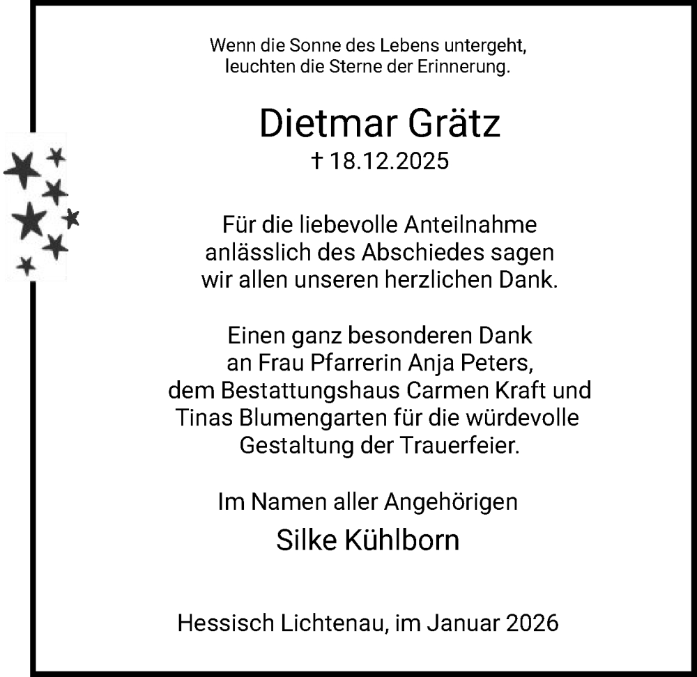  Traueranzeige für Dietmar Grätz vom 31.01.2026 aus HNAWRS