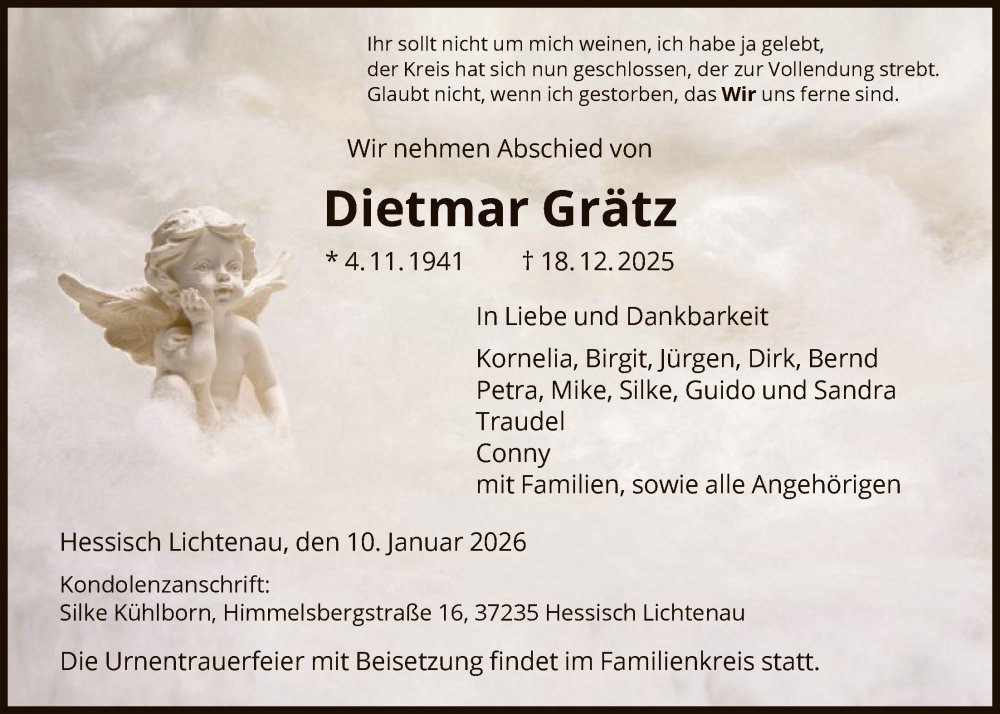  Traueranzeige für Dietmar Grätz vom 10.01.2026 aus HNAWRS