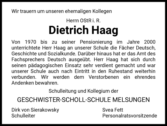 Traueranzeige von Dietrich Haag von HNA
