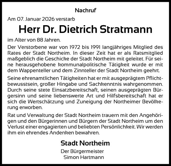 Traueranzeige von Dietrich Stratmann von HNA