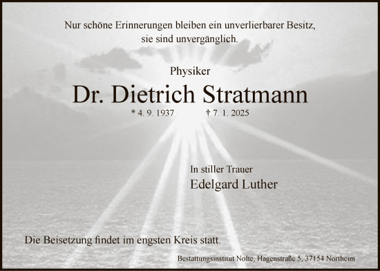Traueranzeige von Dietrich Stratmann von HNA