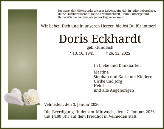 Traueranzeige von Doris Eckhardt von HNA