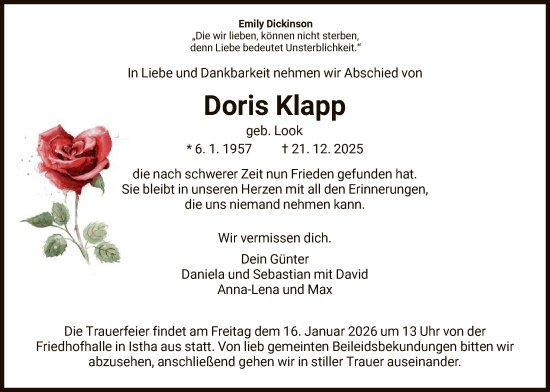 Traueranzeige von Doris Klapp von HNA