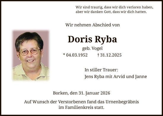 Traueranzeige von Doris Ryba von HNA