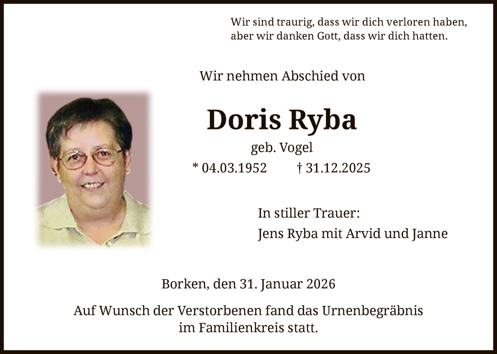  Traueranzeige für Doris Ryba vom 31.01.2026 aus HNA