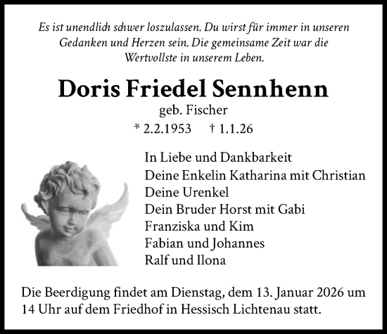 Traueranzeige von Doris Friedel Sennhenn von HNA