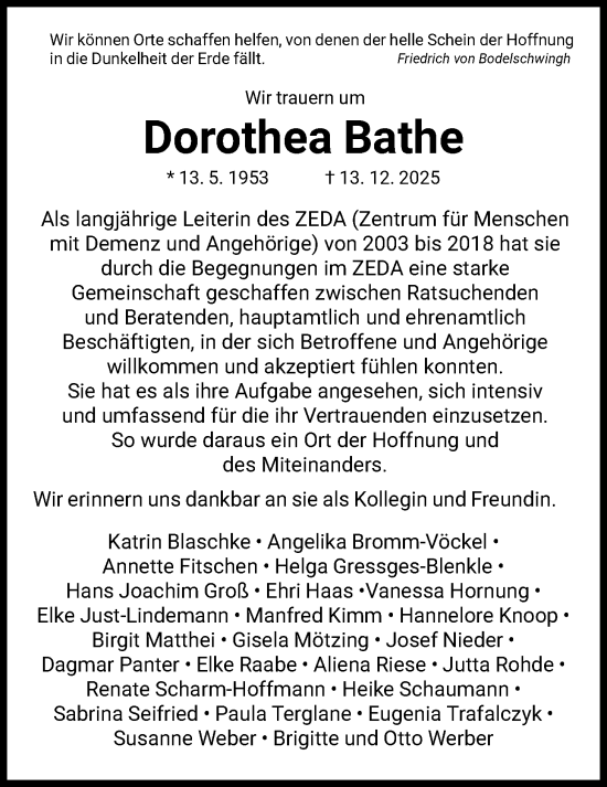 Traueranzeige von Dorothea Bathe von HNA
