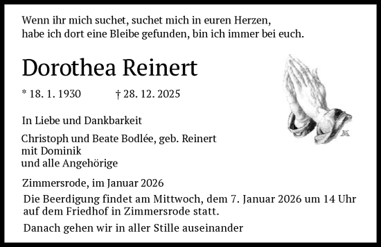 Traueranzeige von Dorothea Reinert von HNA