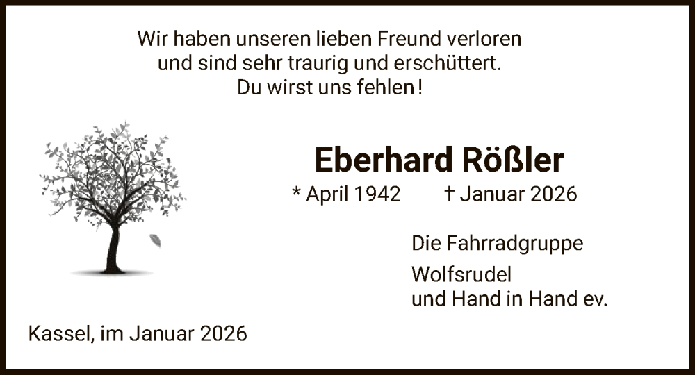  Traueranzeige für Eberhard Rößler vom 17.01.2026 aus HNA
