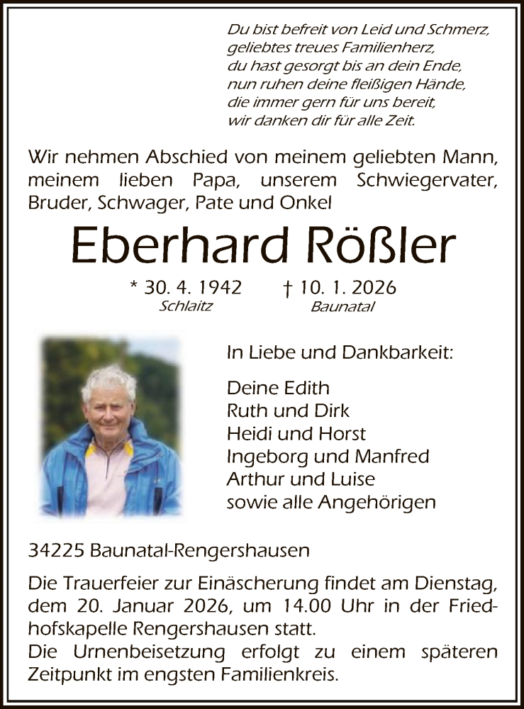  Traueranzeige für Eberhard Rößler vom 15.01.2026 aus HNA