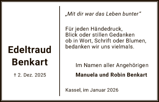 Traueranzeige von Edeltraud Benkart von HNA
