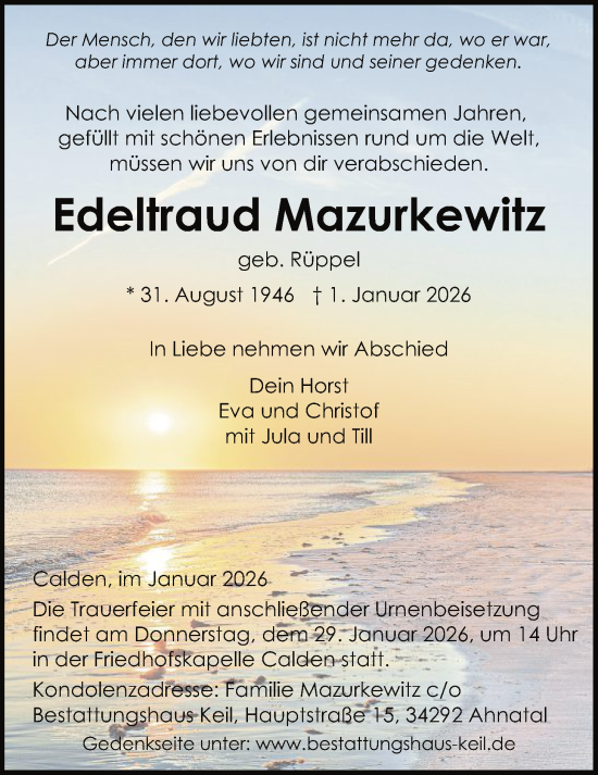 Traueranzeige von Edeltraud Mazurkewitz von HNAHNA