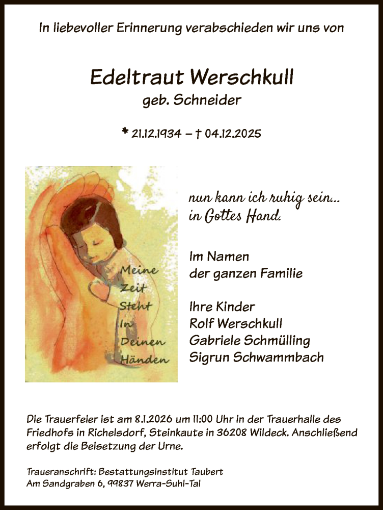  Traueranzeige für Edeltraut Werschkull vom 03.01.2026 aus HNA