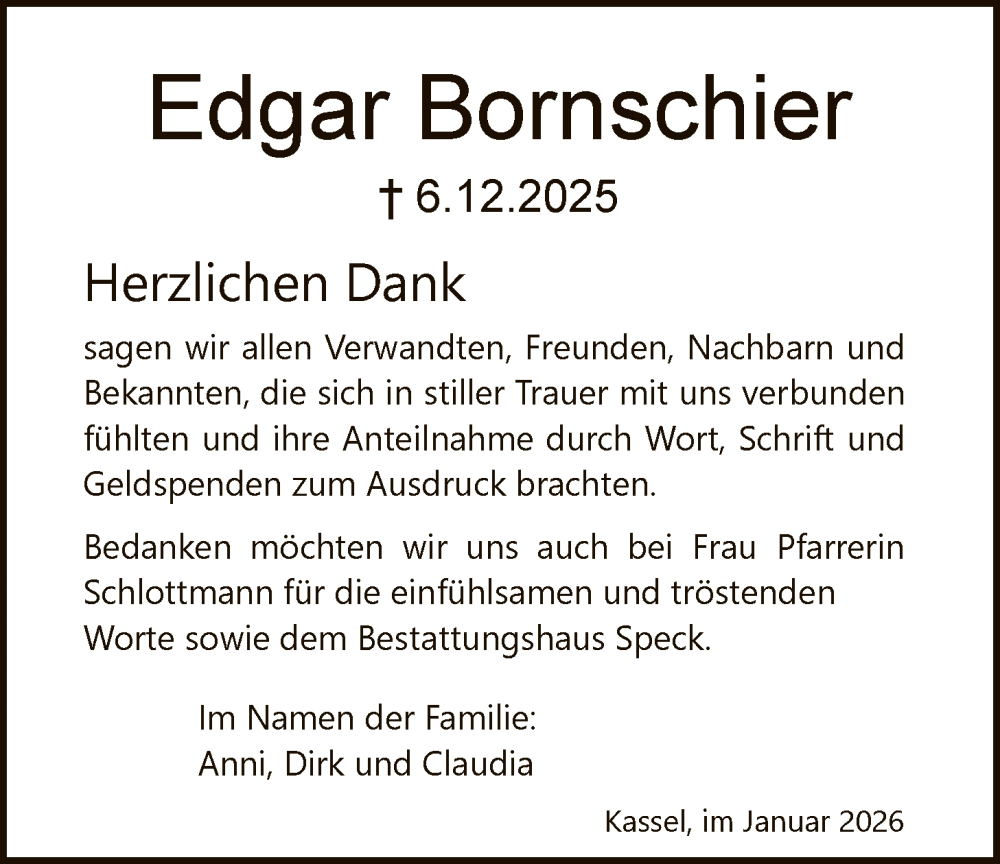  Traueranzeige für Edgar Bornschier vom 10.01.2026 aus HNAWRS
