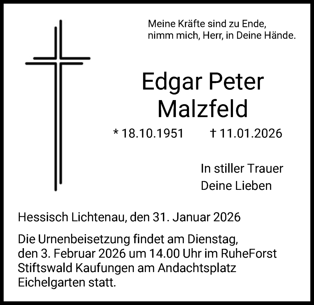  Traueranzeige für Edgar Peter Malzfeld vom 31.01.2026 aus HNA