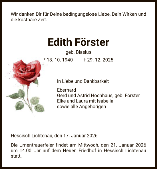 Traueranzeige von Edith Förster von HNA