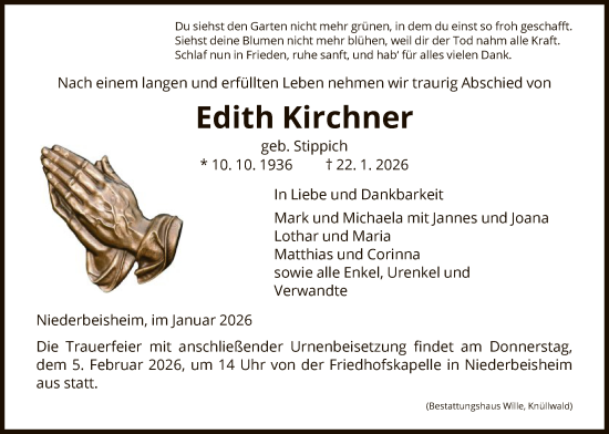 Traueranzeige von Edith Kirchner von HNA