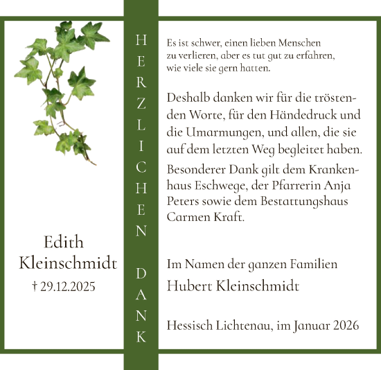 Traueranzeige von Edith Kleinschmidt von HNA