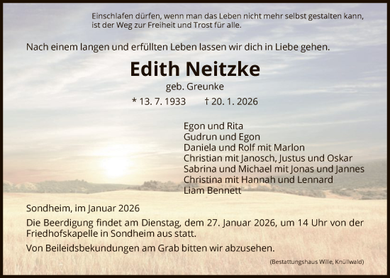 Traueranzeige von Edith Neitzke von HNA