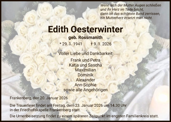 Traueranzeige von Edith Oesterwinter von HNA