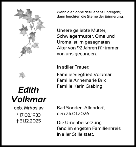 Traueranzeige von Edith Volkmar von HNA