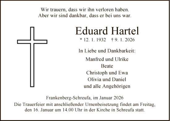 Traueranzeige von Eduard Hartel von HNA