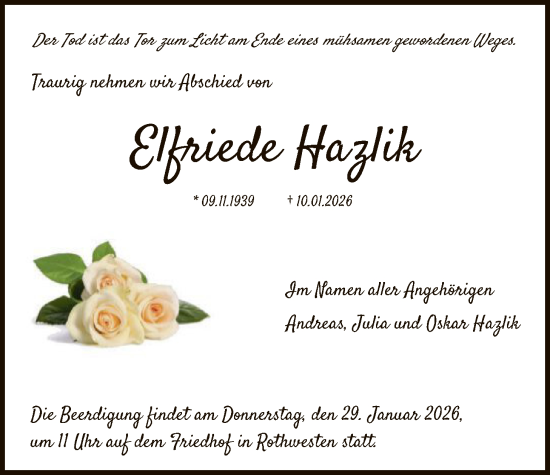 Traueranzeige von Elfriede Hazlik von HNA