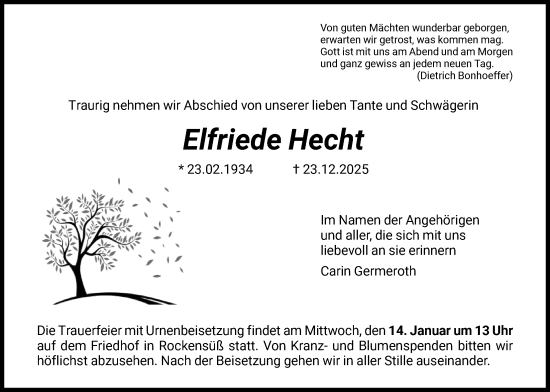 Traueranzeige von Elfriede Hecht von HNAHN