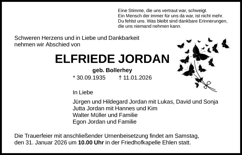  Traueranzeige für Elfriede Jordan vom 24.01.2026 aus HNA
