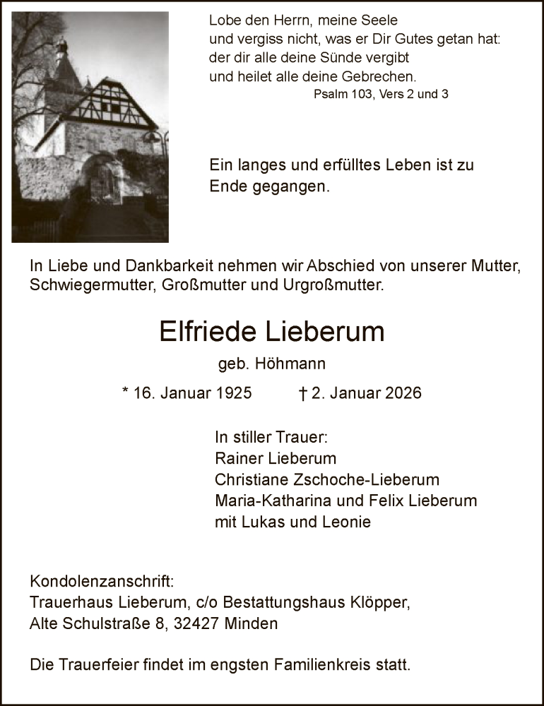  Traueranzeige für Elfriede Lieberum vom 10.01.2026 aus HNAHNA