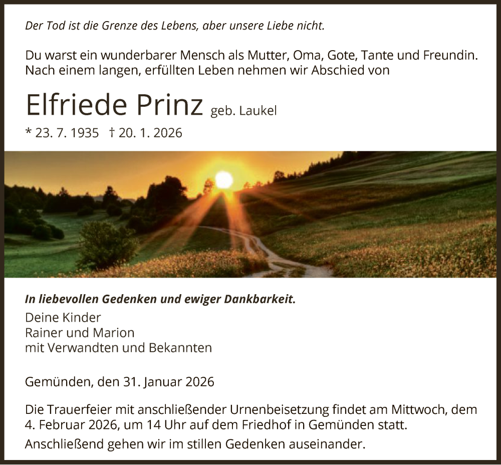  Traueranzeige für Elfriede Prinz vom 31.01.2026 aus HNA