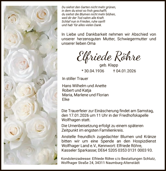 Traueranzeige von Elfriede Röhre von HNA