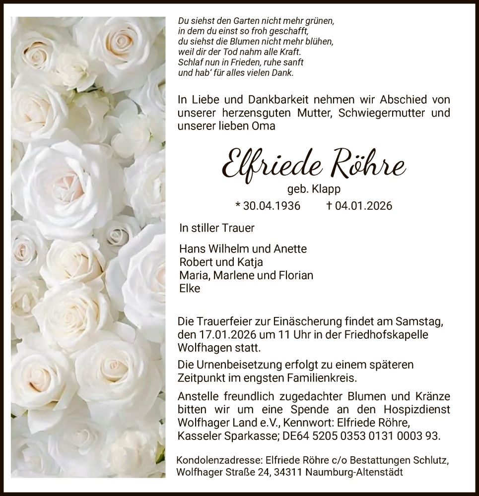  Traueranzeige für Elfriede Röhre vom 10.01.2026 aus HNA