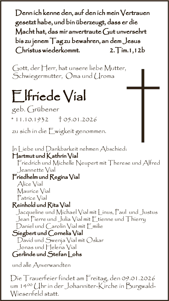 Traueranzeige von Elfriede Vial von HNA