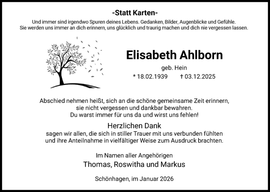 Traueranzeige von Elisabeth Ahlborn von HNA